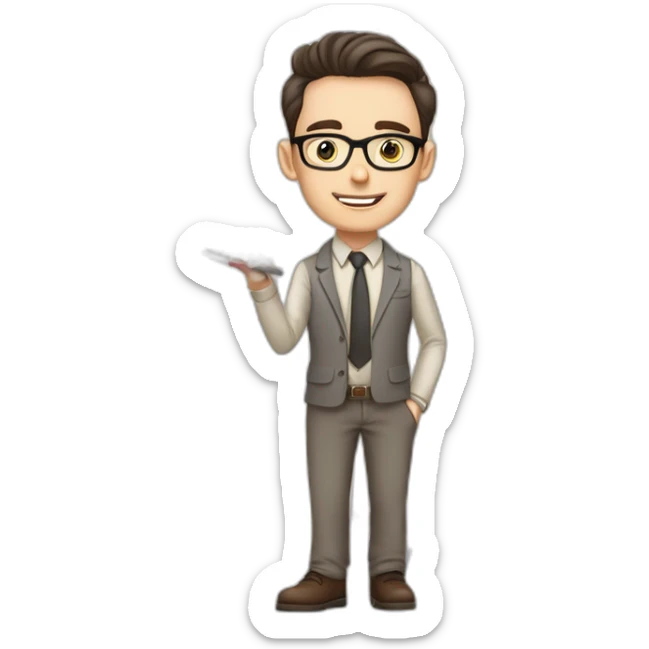 Pale skinned fit man with dark brown hair in gray jacket, beige office shirt, brown tie, brown pants and vintage glasses Writing text on a marker board sticker