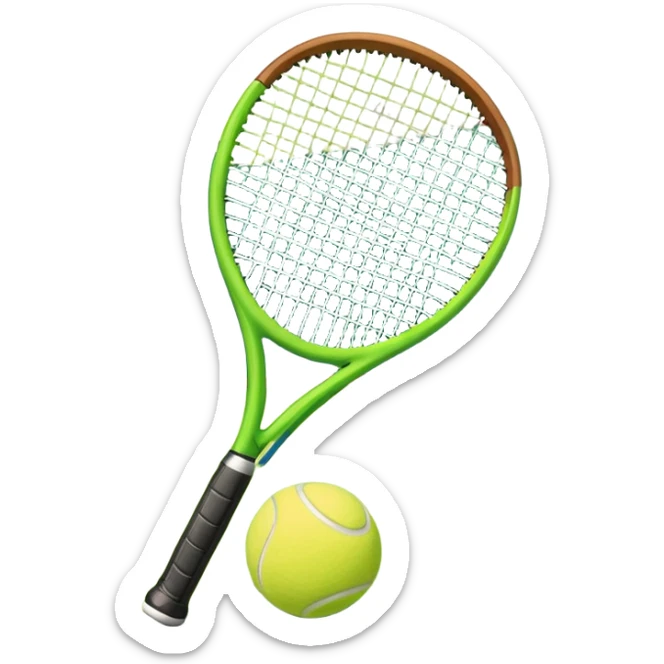 A tennis racket and ball positioned on a grass court, with the net and lines clearly visible in the background. The scene emphasizes the classic elements of the sport, capturing the energy and precision of a tennis match. sticker
