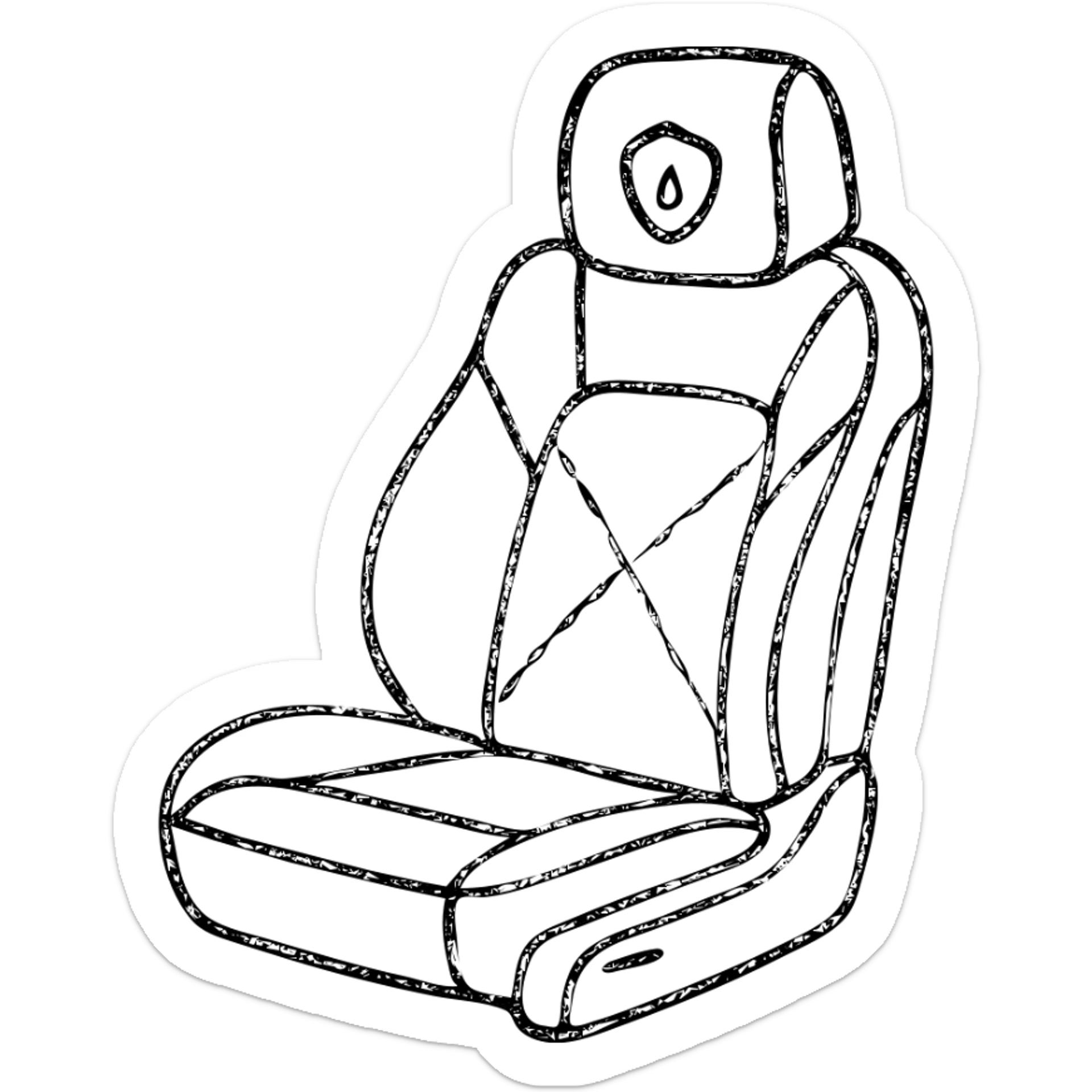 hand-drawn outlined icon of a luxury car seat in matte black with a small droplet or shield on the headrest, elegant stitching, minimalist lines, clean and modern sticker
