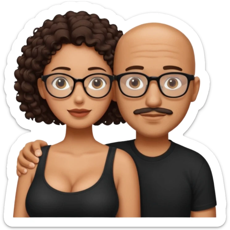 A picture of an embracing tanned couple. the man is a Mexican man with tanned skin, with a bald hair cut, short beard and wearing a black shirt. the woman is short with long curly dark brown hair and with big boobs. Put glasses on the woman only. The man doesn't have glasses. sticker