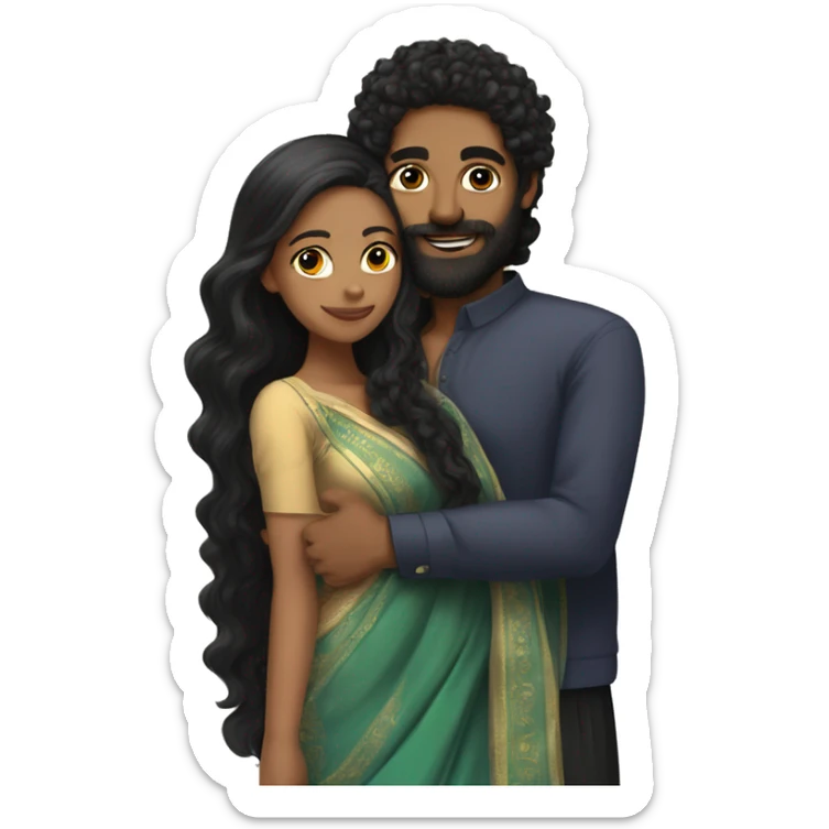 Light skin;Black long hair girl  in a saree hugging with a man with black beard and curly hair on top sticker