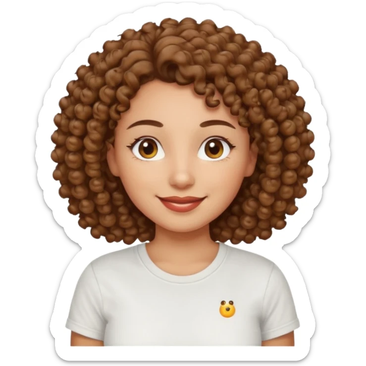 
professional, curly brown lady with hazel eyes, a little dot on the top of the left lip, a normal t shirst sticker