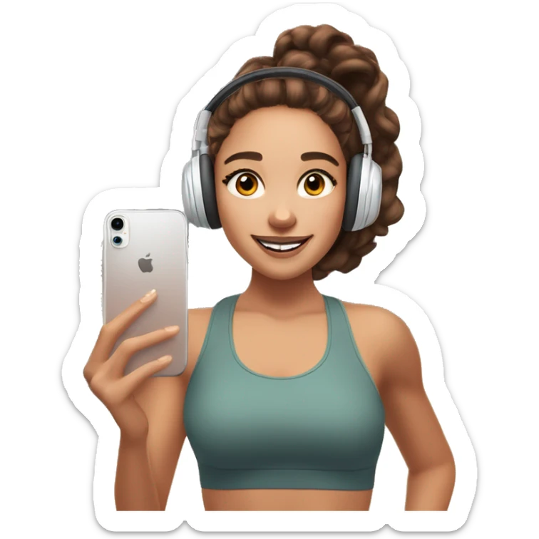 girl with brown hair and brown eyes, fit, in AirPods Max headphones takes a selfie in the mirror of the gym sticker