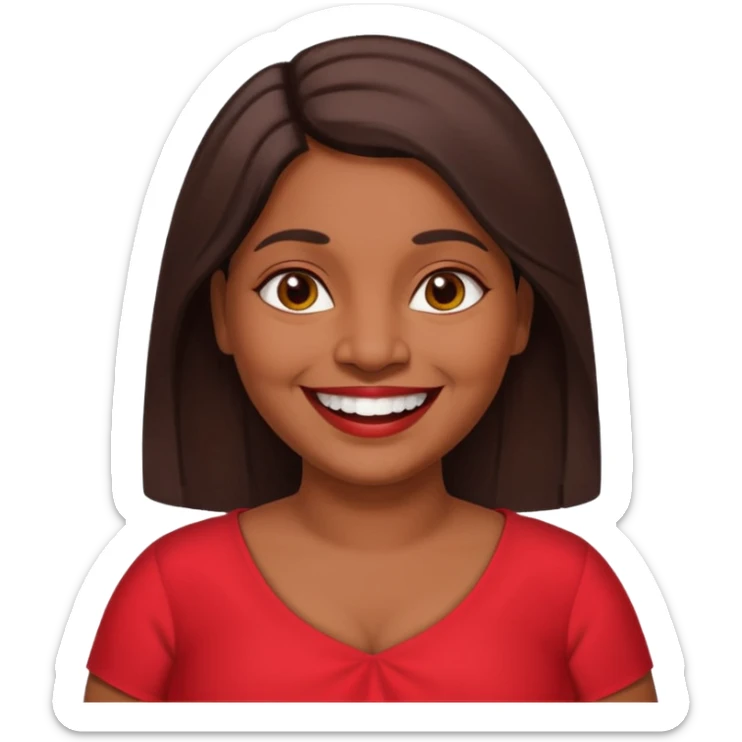 50 yr old chubby Sri Lankan woman, dark skin, straight brown hair, big smile, white teeth, red dress clothes, shoulder length hair, longer hair sticker