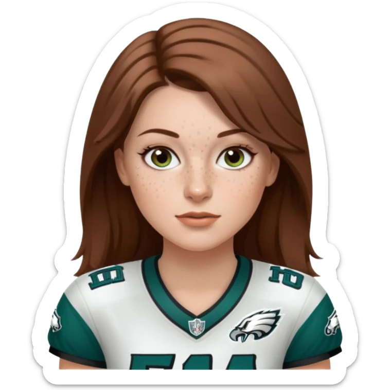 White girl with long  milk chocolate brown hair and freckles wearring a Philadelphia eagles jersey sticker
