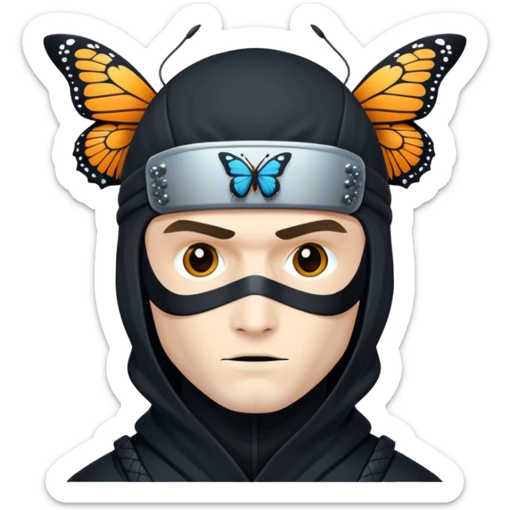 Crea un emoji con estos dos emoji 🥷🏻🦋
él ninja de piel blanca con la mariposa posada en cabeza como si estuviera volando. sticker