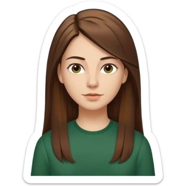 30 yr Caucasian woman long brown straight hair parted on side dark green shirt sticker