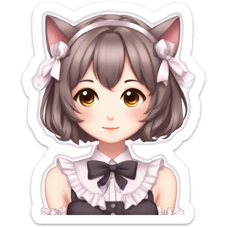 Gorgeous anime style catgirl with blushing face with maid outfit bow tie idol model kawaiicore pearly petite simplistic aesthetic trending style sticker