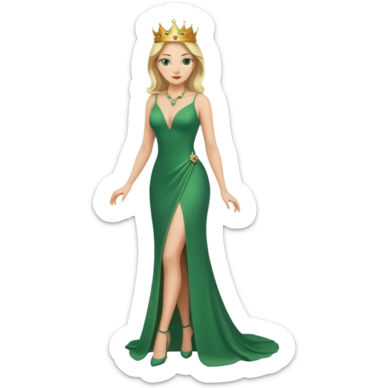 Queen, crown, blonde hair, green eyes, long green tight dress, decoltee,  Leg slit, whole Body, sticker
