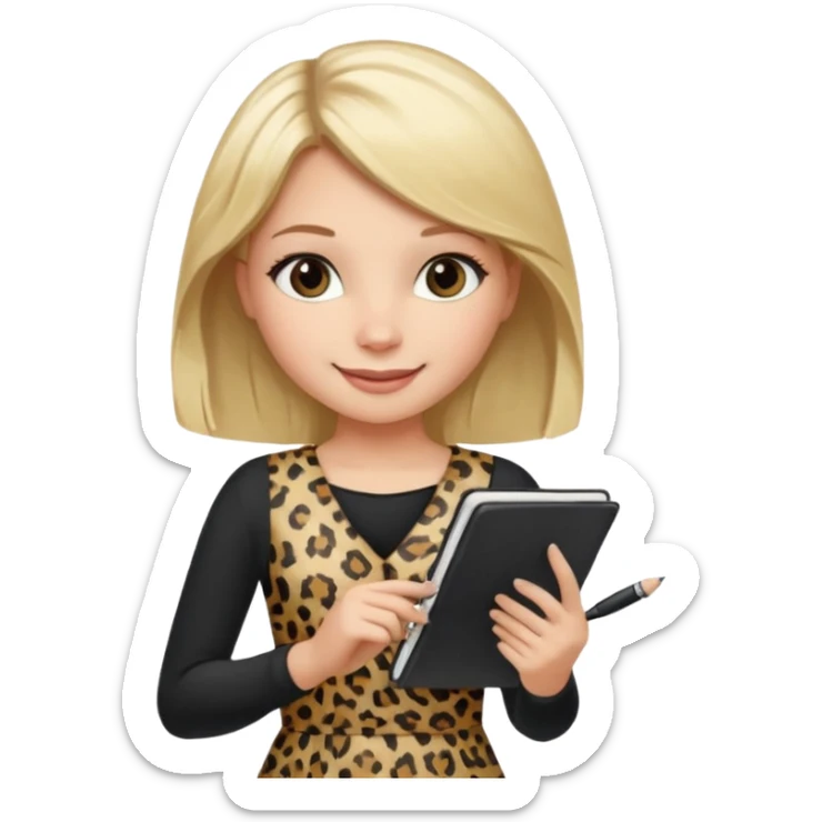 Blond hair girl with a leopard print dress and black leggings smiling holding a note book and a pen sticker