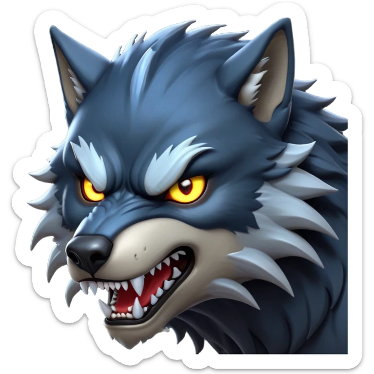 cinematic-noble-fierce-werewolf-head-close-up-emoji, poised-and-imposing, with a fierce wolfish face featuring glowing eyes full of primal ferocity, sharp, elongated fangs and a rugged snout, fur rippling in shades of midnight black and silver, muscles tensed and hunched over in an intense, threatening stance; rendered with realism, capturing the raw, untamed power of the beast beneath the moonlit sky sticker