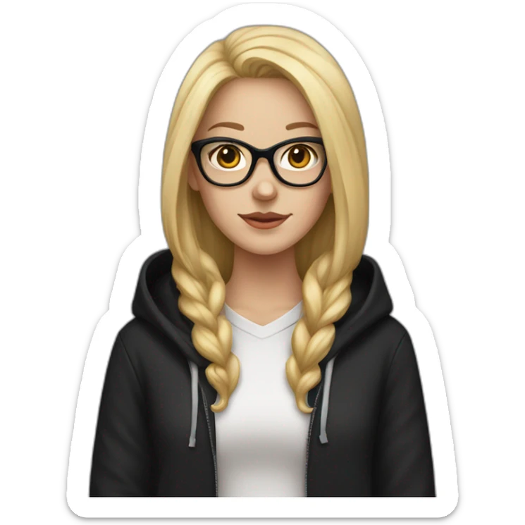 white girl with glasses and long blonde hair and black hoodie and a red doberman sticker