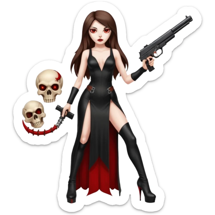 Lilith symbol red eye seductress evil long brown haired sexy succubus woman with leather long dress with slit on, sitting in Big Large F350 pickup truck. Platform high heels in feet. Back seat full of stacks of cash, she is  Holding a human skull of her enemies and a gun in other hand sticker