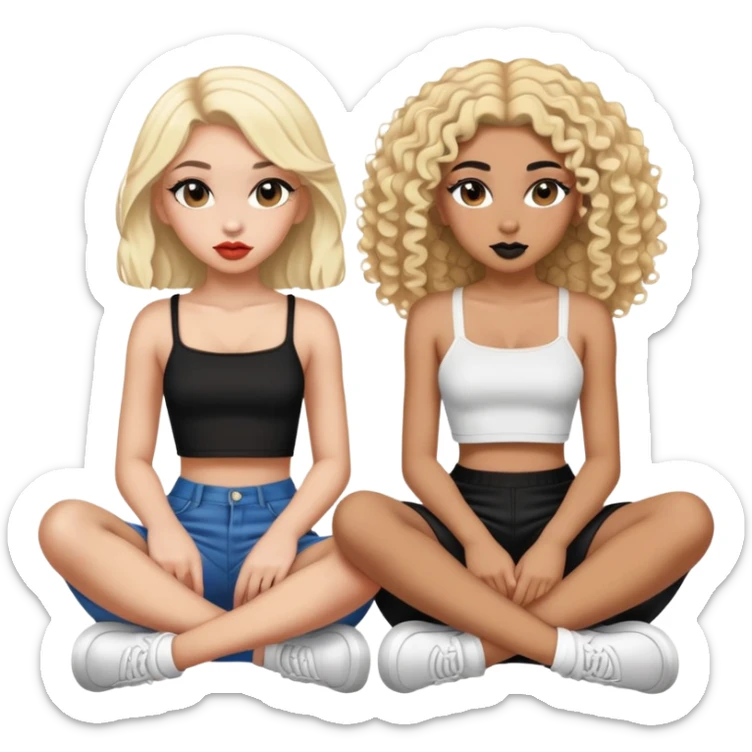 Full body of two teenage girls sitting together, one white with straight blonde hair and one brown-skinned with curly black hair, both with heavy makeup, big lips, crop tops and choni style clothing sticker