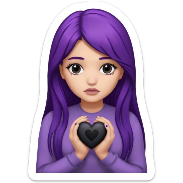 A Kylie Jenner with long purple hair is sad and holds a black heart in her hands sticker