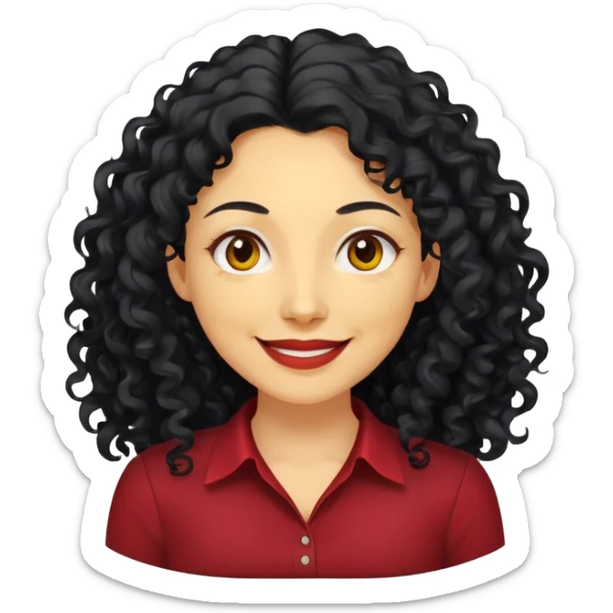 Người phụ nữ 40 tuổi, da vàng, tóc dài xoăn màu đen,mỉm cười nhẹ nhàng, áo đỏ đậm, nửa thân trên sticker