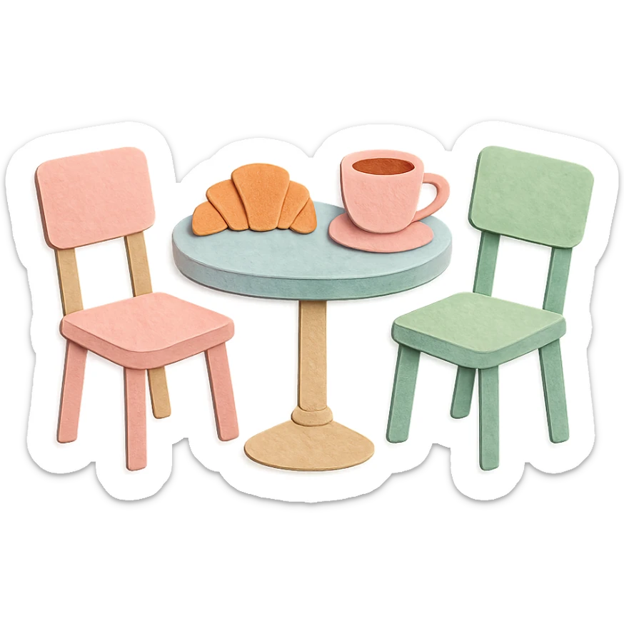 kawaii coffee shop table and chairs set with croissant and coffee, soft pastel hand-drawn illustration sticker