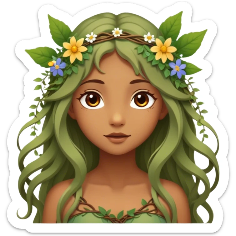 Cinematic Realistic Forest Nymph Fairy Portrait, depicted with lifelike, sun-kissed tanned skin that radiates an earthy glow, softly illuminated by natural, dappled light. Her long, flowing hair is intricately detailed and interwoven with delicate vines and wildflowers, while her deep, soulful eyes mirror the wisdom of the forest. Dressed in an attire inspired by nature’s palette—with subtle botanical motifs—the portrait exudes a soft, enchanted glow that melds realism with woodland magic. sticker