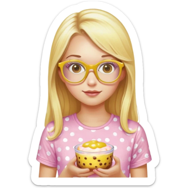 a girl with long lashes, long blonde hair, light pink glasses, wearing yellow polka dot t-shirt, holding a pudding sticker