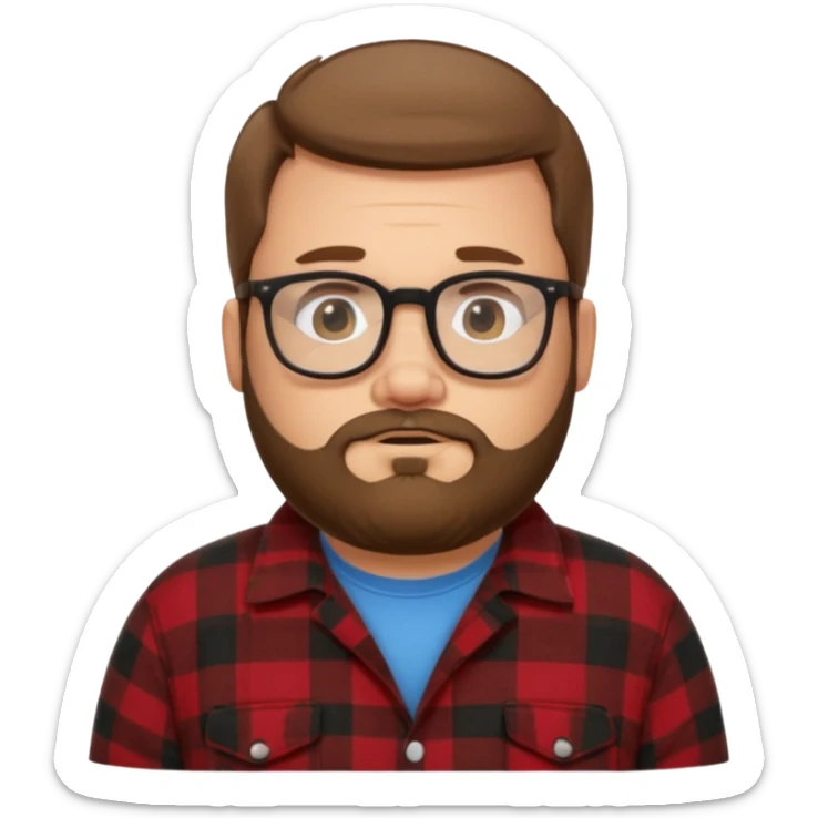 Fat white guy with glasses and short brown hair and beard wearing a cartoon flannel  sticker