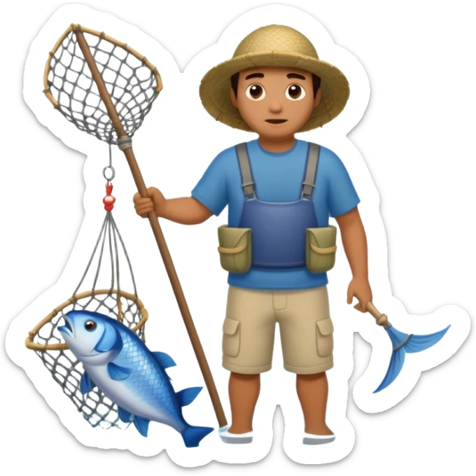 a Polynesian fisherman standing in the water with a large net full of fish sticker