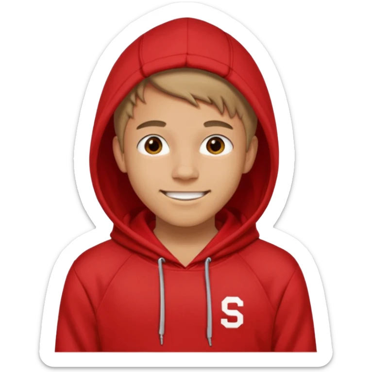 make me an emoji of an americain 19 yearold boy in a red hoodie that says "south" on it and give him with tan skin with his hands in his pockets with the sleevs pulled up grining with a jaw line  sticker