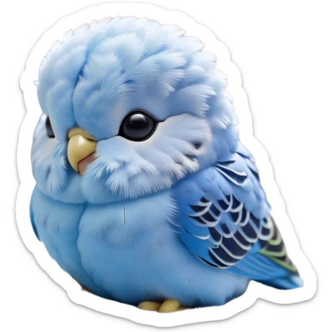 Meme-Worthy Cute Sleeping Blue Budgie Portrait Emoji, Head resting peacefully with a contented smile, showcasing a petite, delicate build and a luxuriously soft blue feathered fur, eyes shut in a serene nap, Simplified yet hilariously adorable features, highly detailed, glowing with a soft, drowsy light, high shine, relaxed and utterly lovable, stylized with an air of playful laziness, bright and heartwarming, soft glowing outline, capturing the essence of a comically sleepy budgie, so meme-worthy it feels like it could instantly become the next viral sensation of adorable slumber! sticker
