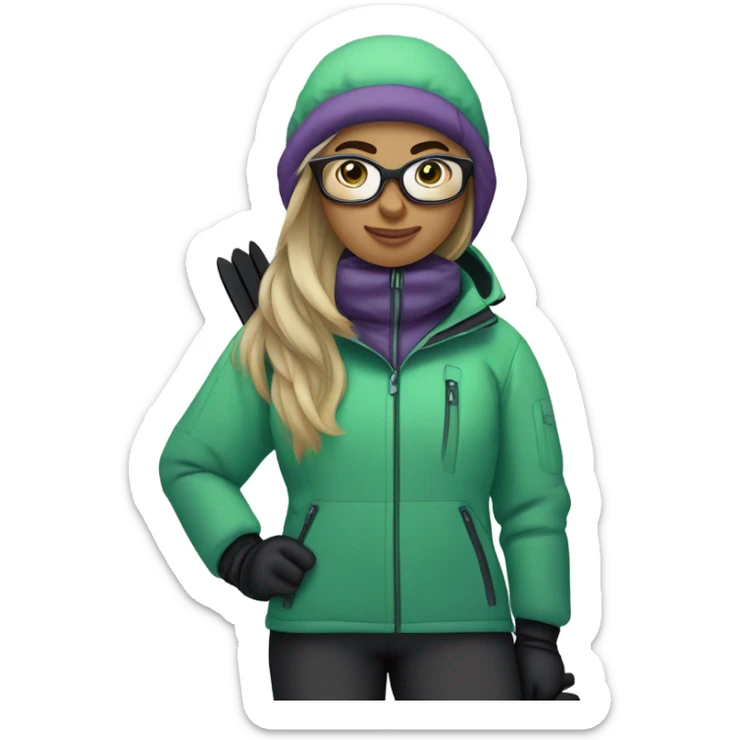 chubby female skier with long straight hair, green eyes, glasses, grey purple snow jacket, long black pants, black only snow boots and black skis looking cool. sticker