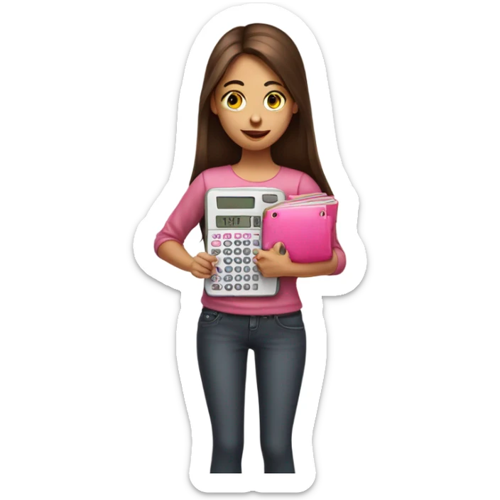 Pretty Girl with straight brown hair holding one pink calculator in her hand sticker
