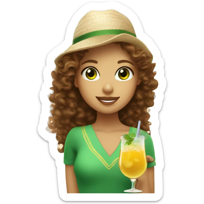A girl with curly brown hair and green eyes, sipping a cocktail on the beach in italy sticker