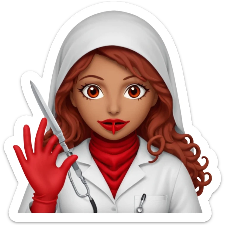 Lilith scalpel in hand, evil surgeon sexy surgeon clothes.  She has red eyes. She brown long curly hair. Wears sexy doctor outfit with red gloves.hair is free and brown  Wears red burka to hide her mouth and nose sticker