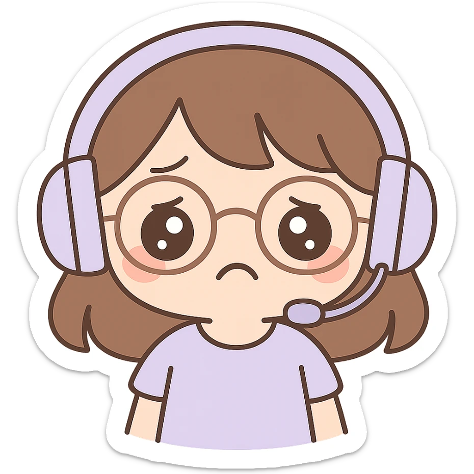 Edit the image to depict a female brunette with glasses and a purple gaming headset in chibi style, with a sad facial expression. Keep the background transparent. sticker