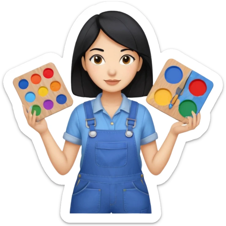 Créame emoji de una mujer que sea diseñadora industrial, pelo negra, piel morena, femenina con overol y una paleta de colores o herramientas de taller  sticker