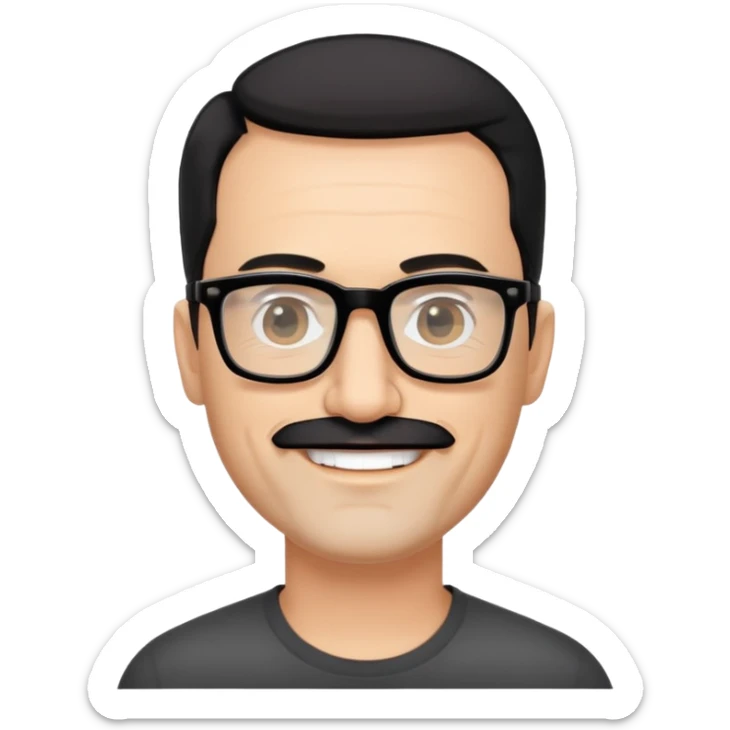 đàn ông 50 tuổi, da trắng, có râu ria đen. đeo kính đen, mắt kính trong suốt, tóc đen ngắn, cười mỉm sticker
