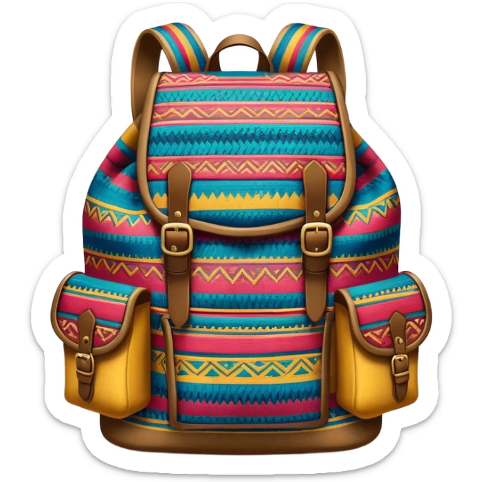Cinematic Realistic image of a traditional Colombian mochila, rendered with detailed woven textures and vibrant patterns, set against a rustic backdrop with soft, cultural lighting sticker