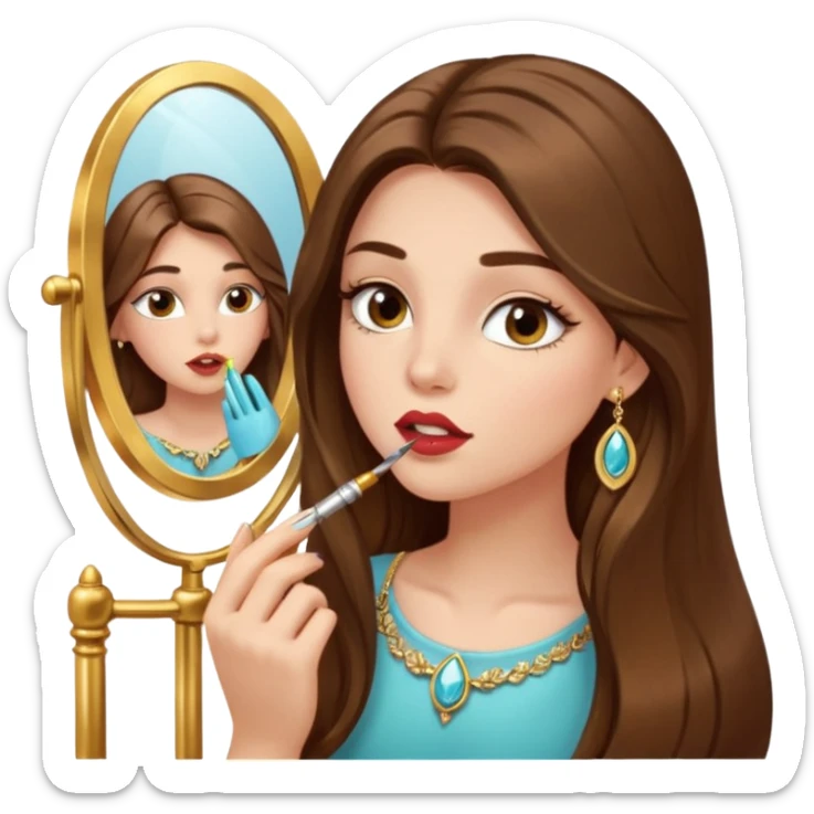 Girl with long brown hair, gold jewelry, and lashes, putting on lipgloss while looking in a mirror  sticker