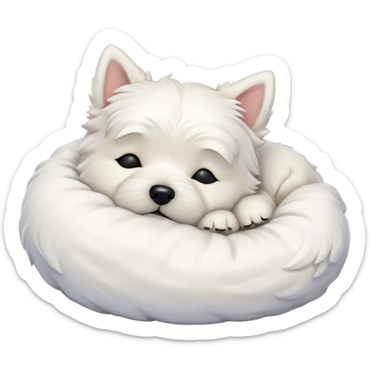 Meme-Worthy Cute Sleeping West Highland White Terrier Portrait Emoji, Head resting peacefully with a contented smile, showcasing a delightfully compact build and a luxuriously soft white coat, eyes shut in a serene nap, Simplified yet hilariously adorable features, highly detailed, glowing with a soft, drowsy light, high shine, relaxed and utterly lovable, stylized with an air of playful laziness, bright and heartwarming, soft glowing outline, capturing the essence of a comically sleepy companion, so meme-worthy it feels like it could instantly become the next viral sensation of adorable slumber! sticker