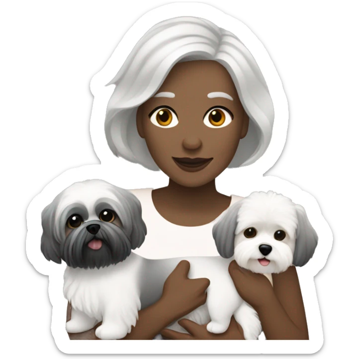 White women with short grey hair holding two dogs one black shih tzu and one white bichon frise sticker