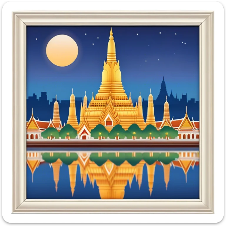 Cinematic Realistic Wat Arun Landmark Emoji, depicted with majestic temple spires illuminated against twilight rendered with intricate detail and soft, ethereal lighting. sticker