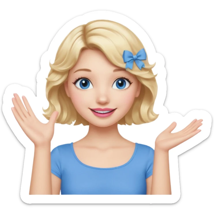 Girl Blonde short wavy hair,  blue eyes, cute blue top, long lashes, pink lips, smiling, one hand in the air sticker