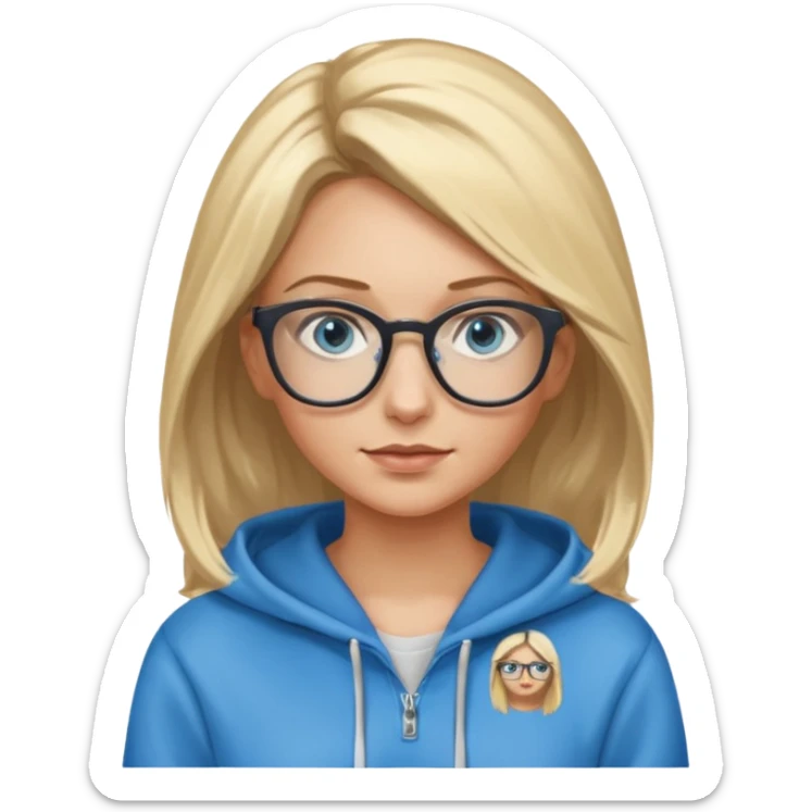 a woman, blonde highlights in hair, glasses and blue eyes. teacher, with a hoodie on and hair longer than shoulders, mid 30s more brown bits in hair  sticker