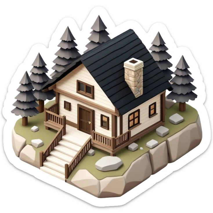 Isometric exterior little black, beige, and white mountain cabin, stone and wood, dollhouse style 3D realistic  sticker