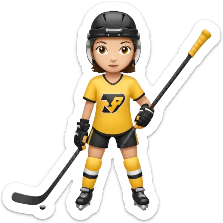 Girl hockey player with yellow and black jersey full body brunette with helmet sticker