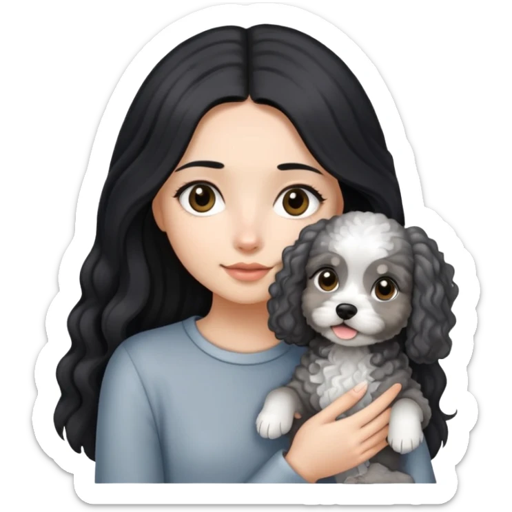 A girl with long straight hair holding a small light gray curly-haired dog sticker