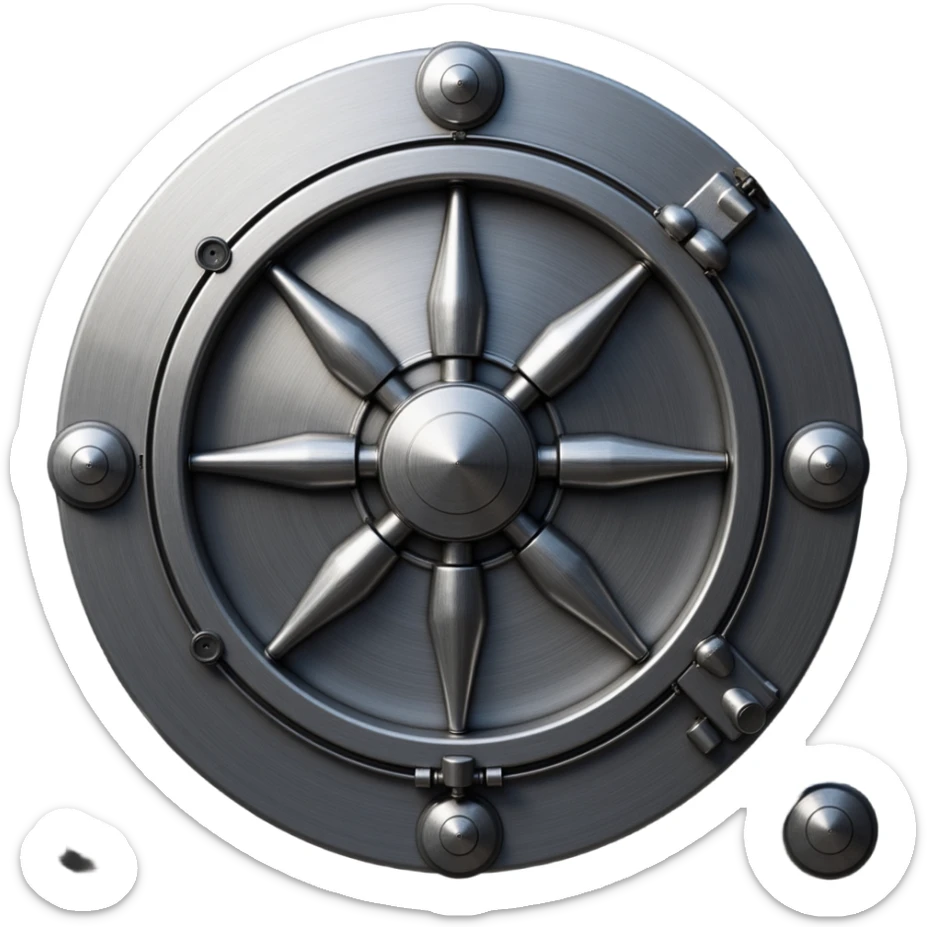 the face of a vault door, skeuomorphism style, brushed metal, realistic highlights, tactile details sticker