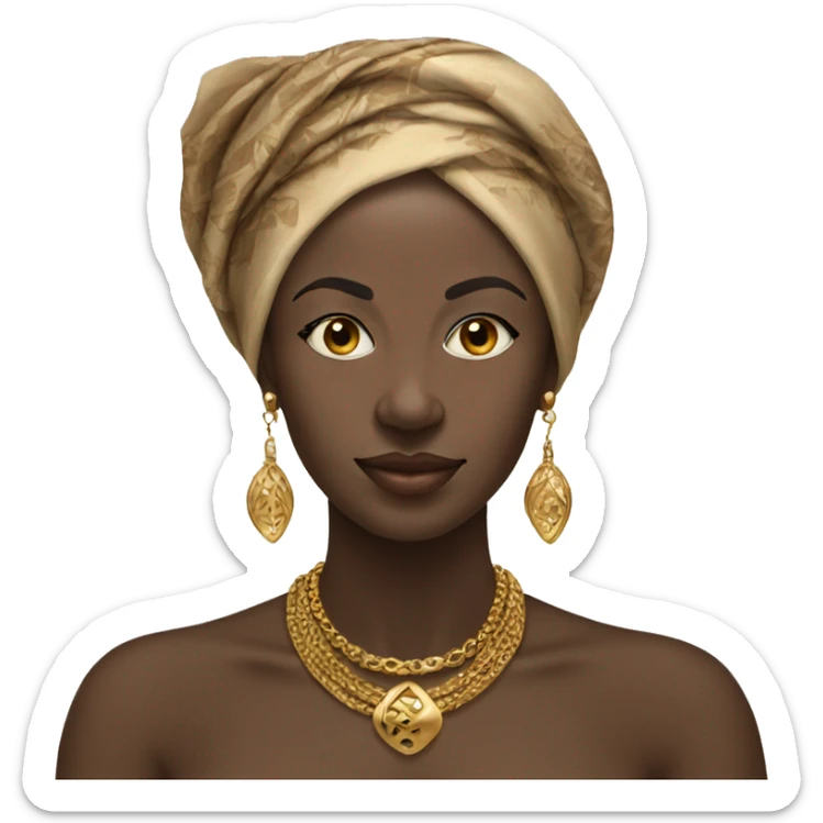An african woman wearing a traditional headscarf and with gold earrings and necklace sticker