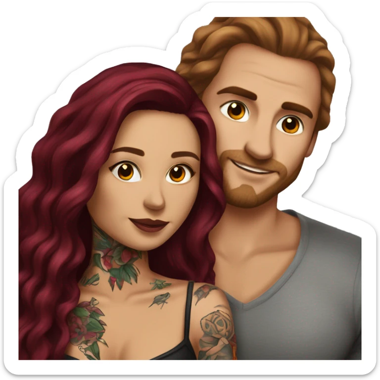 Beautiful tattooed burgundy long haired woman laying on the boyfriends chest sticker
