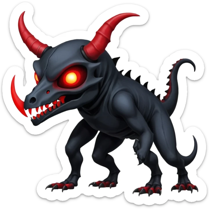 Shiny Dark Edgy  Duskull-Salandit-Amaura-Fakémon-hybrid-creature (full body) with a horned animal-skull-mask sticker