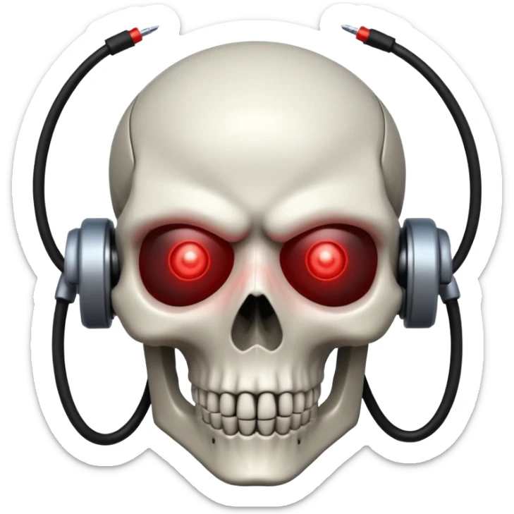 A skull with a robotic glow red eyes that have wires showing out of its skull and sinister and crimson it also has a cyber eye patch  sticker