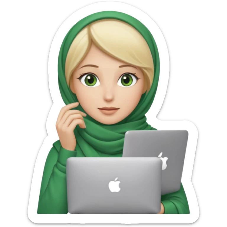 blond women skine , with green eyes , with scarf hijab , heid the hair, with macbook sticker